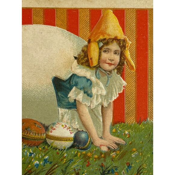 Antique 1911 Easter Greetings Postcard Little Girl Oversized Eggshell Colorful - Picture 1 of 7
